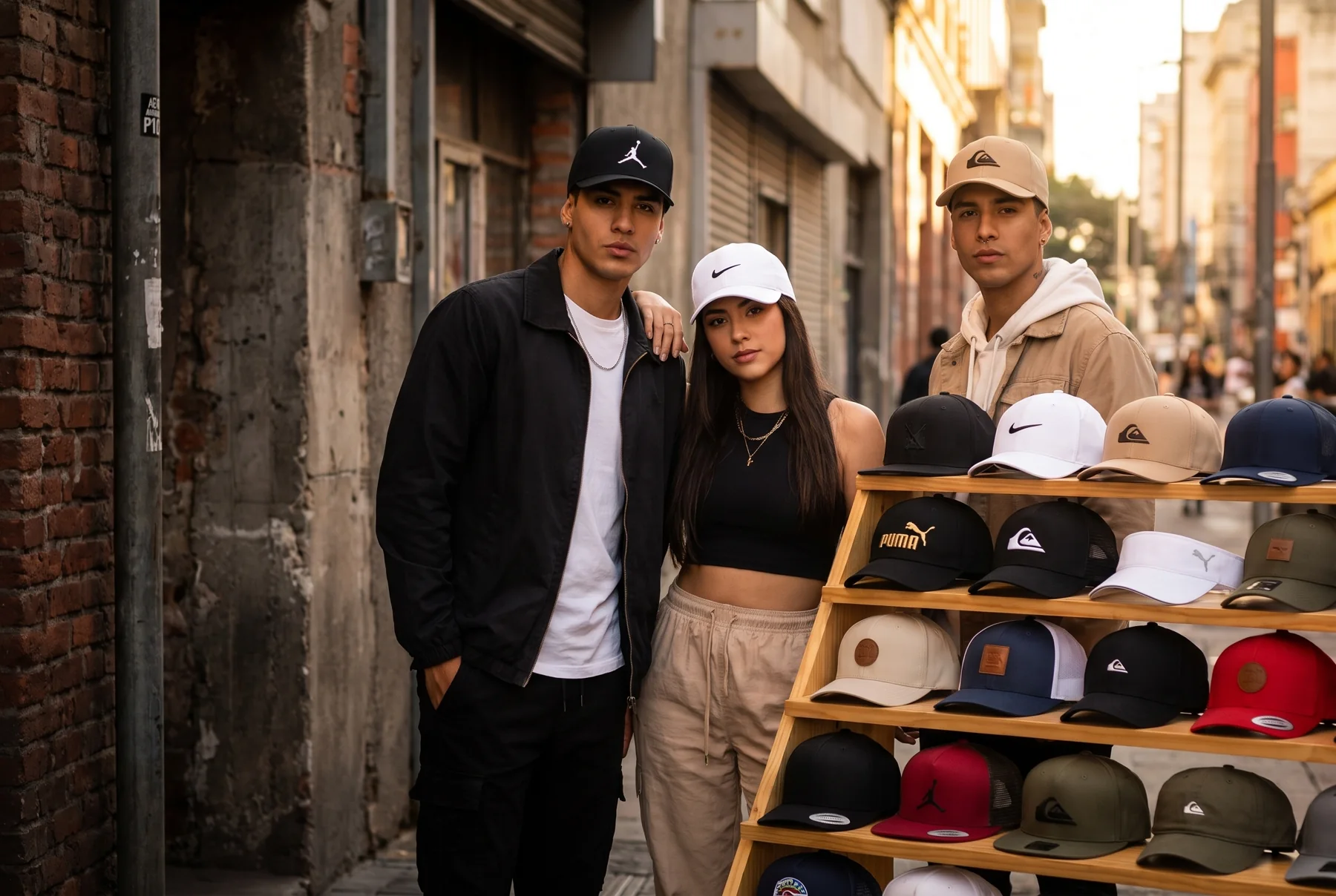 Modelos con gorras PUMA, Nike, Jordan y Quiksilver junto a una exhibición de gorras