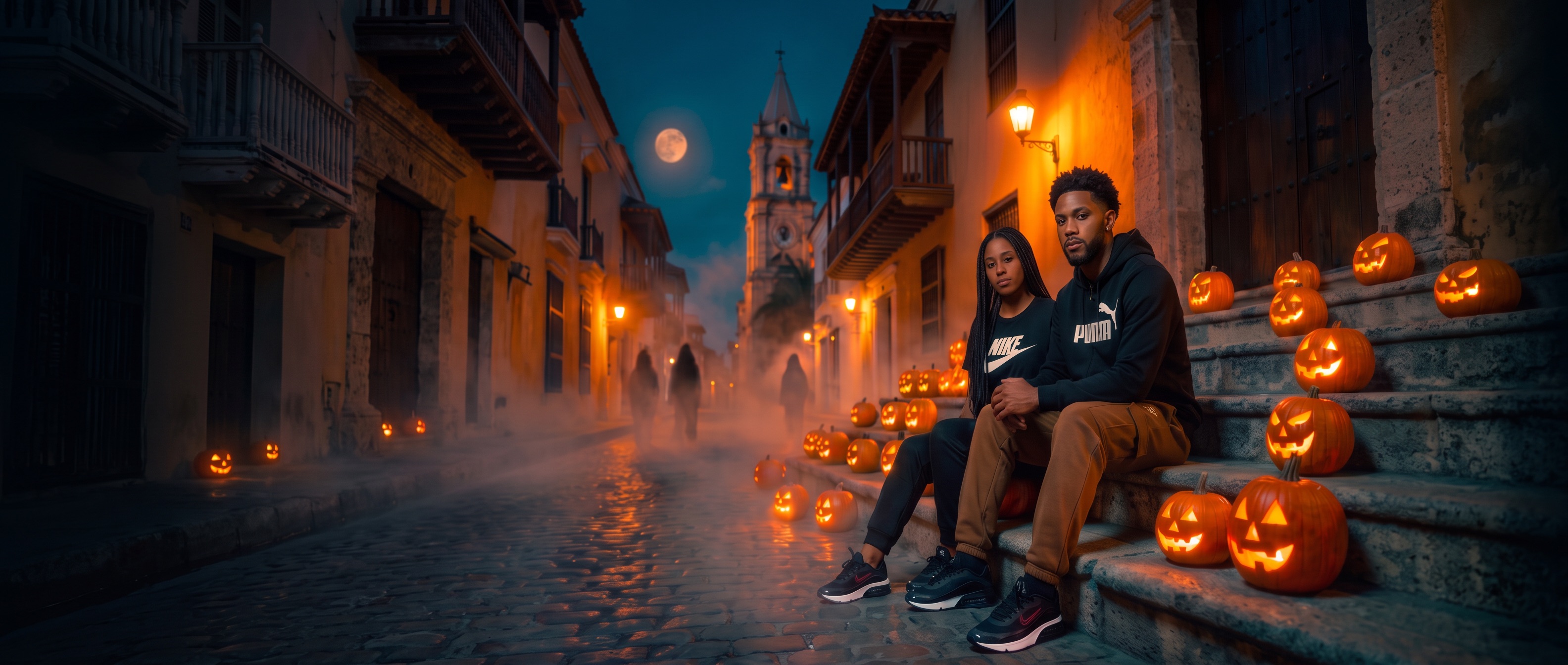 Pareja con ropa urbana y tenis en una calle colonial de Cartagena en noche de Halloween