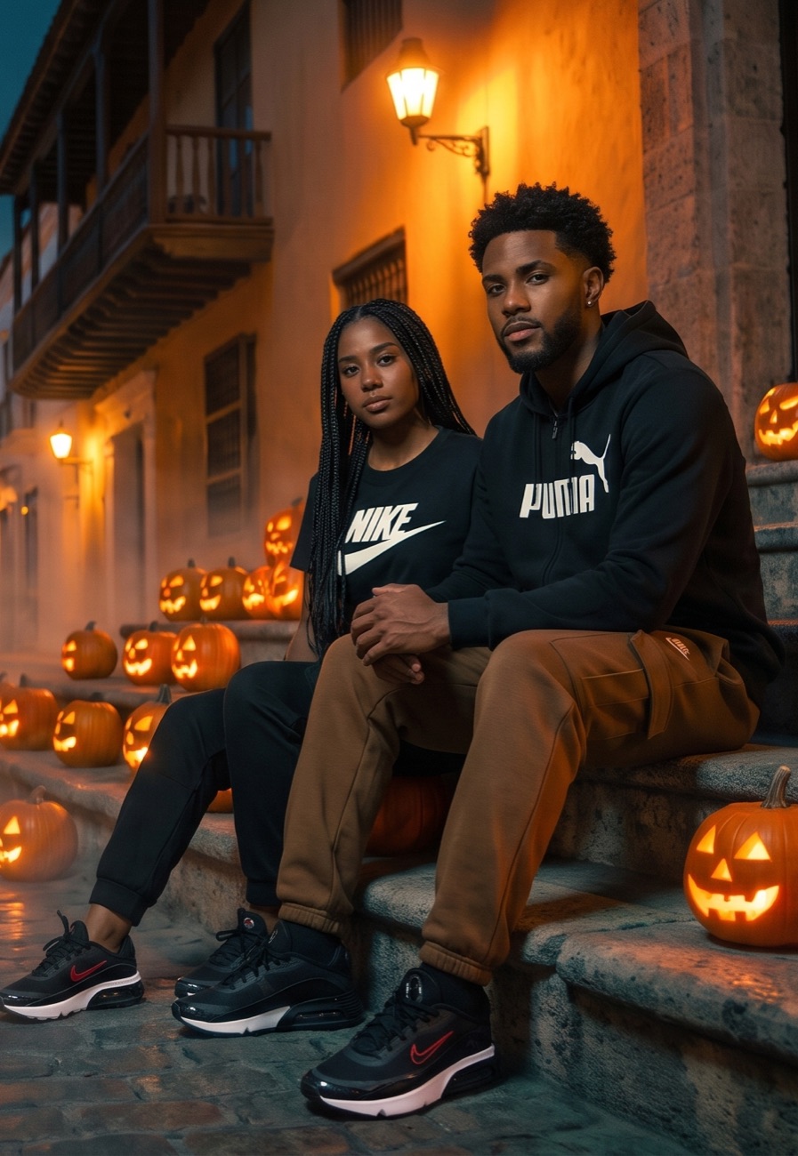 Pareja con ropa urbana y tenis en noche de Halloween